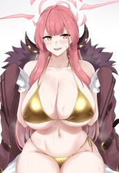 Rule 34 | 1girl, absurdres, alternate breast size, aru (blue archive), bikini, blue archive, blush, breasts, brown eyes, commentary, fur jacket, gold bikini, halo, highres, horns, huge breasts, ibuki grunt, jacket, long hair, open clothes, open jacket, open mouth, pink hair, red halo, side-tie bikini bottom, simple background, sitting, solo, swimsuit, white background