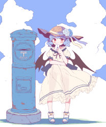 Rule 34 | 1girl, alternate costume, bat wings, blue hair, blush, dress, hat, highres, japanese postal mark, letter, looking at viewer, mailbox, postbox, red eyes, remilia scarlet, see-through silhouette, short hair, short sleeves, solo, sun hat, sundress, takahero, touhou, wings
