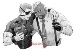 Rule 34 | 2boys, alcohol, beard, black gloves, black necktie, blonde hair, collared shirt, cup, dark-skinned male, dark skin, drinking glass, eyepatch, facial hair, formal, glass, gloves, goatee, highres, holding, katou teppei, looking at viewer, male focus, mature male, mohawk, monochrome, multiple boys, muscular, necktie, ramon (kof), seth (kof), shirt, smile, the king of fighters, white hair, wine, wine glass, wristband