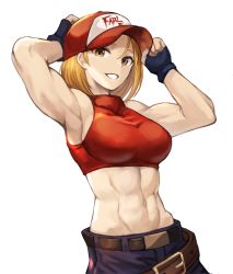 Rule 34 | 1girl, abs, absurdres, armpits, belt, black gloves, blonde hair, blue mary, breasts, brown belt, brown eyes, fatal fury, fingerless gloves, gloves, hat, highres, large breasts, looking at viewer, medium breasts, midriff, muscular, muscular female, navel, parted lips, red hat, short hair, simple background, smile, solo, sookmo, the king of fighters, white background