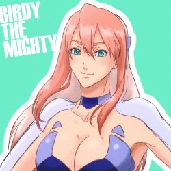 Rule 34 | 1girl, birdy cephon altera, blue eyes, breasts, cleavage, closed mouth, collarbone, copyright name, fuyou, highres, large breasts, long hair, looking at viewer, multicolored hair, pink hair, simple background, smile, solo, tetsuwan birdy decode, two-tone hair, upper body, white hair