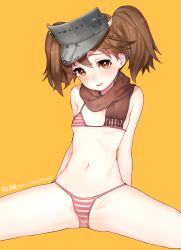 Rule 34 | 10s, 1girl, artist name, bad id, bad pixiv id, bikini, brown eyes, brown hair, brown scarf, character name, flat chest, head tilt, highres, kantai collection, looking at viewer, mika pikazo, navel, orange background, ryuujou (kancolle), scarf, short hair, simple background, smile, solo, spread legs, string bikini, striped bikini, striped clothes, swimsuit, twintails