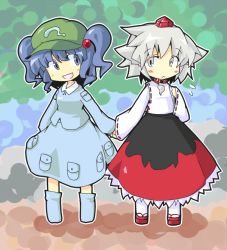 Rule 34 | 2girls, animal ears, bad id, bad pixiv id, blue eyes, blue hair, blush, boots, female focus, geta, grey eyes, hair bobbles, hair ornament, holding hands, hat, inubashiri momiji, japanese clothes, kawashiro nitori, mountain of faith, multiple girls, open mouth, red eyes, sandals, short hair, skirt, skirt set, smile, tokin hat, touhou, twintails, two side up, white hair, wolf ears