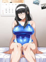 Rule 34 | 1girl, bare arms, bare legs, bare shoulders, bed, black hair, blue eyes, blue one-piece swimsuit, blush, breasts, calendar, covered navel, enoshima iki, glasses, gluteal fold, hairband, highres, indoors, large breasts, legs, legs together, long hair, looking at viewer, muchi muchi jimiko bitch ka nikki, one-piece swimsuit, original, shiny clothes, sitting, solo, swimsuit, thighs