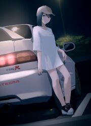 Rule 34 | 1girl, absurdres, black footwear, black hair, brown eyes, brown hat, car, closed mouth, collarbone, commentary, commentary request, dutch angle, hat, highres, honda, honda integra, looking at viewer, love live!, love live! nijigasaki high school idol club, mifune shioriko, motor vehicle, night, outdoors, s sho mkrn, shirt, shoes, short hair, solo, white shirt