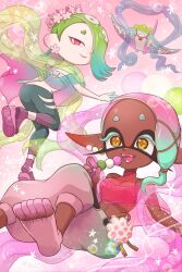 Rule 34 | 1boy, 2girls, aqua hair, ass, big man (splatoon), black pants, breasts, cephalopod eyes, closed mouth, colored eyelashes, commentary request, dango, dark-skinned female, dark skin, earrings, eating, eyelashes, eyeshadow, flower, flower earrings, flower wreath, food, food-themed earrings, frye (splatoon), gradient hair, green hair, hair ornament, hair over one eye, hair tie, harem pants, head wreath, highres, holding, holding food, holding stick, inkling, jewelry, long hair, long pointy ears, looking at viewer, makeup, medium breasts, mian noodle, multicolored hair, multiple girls, nintendo, octoling, okobo, open mouth, pants, pink background, pink flower, pink hair, pink shawl, pink socks, pointy ears, red eyeshadow, red pupils, sandals, shawl, shiver (splatoon), short eyebrows, smile, socks, splatoon (series), splatoon 3, star-shaped pupils, star (symbol), stick, symbol-shaped pupils, tabi, teeth, tentacle hair, thick eyebrows, torn clothes, torn pants, two-tone hair, wagashi, x hair ornament, yellow pupils
