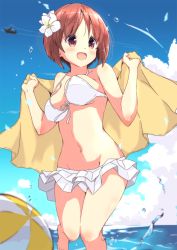 Rule 34 | 1girl, :d, bikini, bikini skirt, blue sky, blurry, blurry foreground, breasts, brown eyes, brown hair, cloud, cloudy sky, contrail, day, depth of field, fa 223 drache, flower, front-tie bikini top, front-tie top, girls und panzer, groin, hair flower, hair ornament, holding, holding towel, looking to the side, medium breasts, navel, nishizumi miho, ocean, open mouth, outdoors, short hair, skirt, sky, smile, solo, sparkle, standing, standing on one leg, swimsuit, tom q (tomtoq), towel, wading, water drop, white bikini, white flower, white skirt