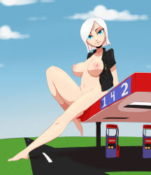 Rule 34 | 1girl, blue eyes, breasts, dreamworks, freckles, giant, giantess, ginormica, highres, monsters vs aliens, nipples, short hair, sitting, smile, solo, thehumancopier, white hair