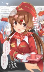 Rule 34 | 3girls, :d, absurdres, alternate costume, black bow, blush, bow, brown eyes, brown hair, cup, flight attendant, gangut (kancolle), gloves, hair between eyes, hair bow, hair ornament, hairclip, hammer and sickle, hibiki (kancolle), highres, hizuki yayoi, kantai collection, long hair, long sleeves, low twintails, multiple girls, open mouth, orange eyes, russian text, scar, scar on face, smile, speech bubble, tashkent (kancolle), translation request, travel attendant, twintails, verniy (kancolle), white gloves, white hair