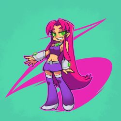 Rule 34 | 1girl, boots, breasts, darkcross, dc comics, full body, green eyes, grin, long hair, midriff, miniskirt, navel, panty &amp; stocking with garterbelt, parody, pointy ears, red hair, skirt, smile, solo, starfire, style parody, teen titans, thigh boots, thighhighs, very long hair