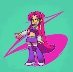 1girl boots breasts darkcross dc_comics full_body green_eyes grin long_hair midriff miniskirt navel panty_&amp;_stocking_with_garterbelt parody pointy_ears red_hair skirt smile solo starfire style_parody teen_titans thigh_boots thighhighs very_long_hair