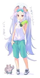 Rule 34 | 1girl, alternate costume, animal ears, blue archive, bottle, bow, ear tag, fang, full body, grey hair, gym shorts, halo, hand in pocket, headband, highres, holding, holding bottle, kyuuri (miyako), light blush, long hair, looking at viewer, mouse (animal), mouse ears, mouse girl, mouse tail, open mouth, parted bangs, red eyes, saya (blue archive), shirt, short eyebrows, shorts, simple background, sleeveless, tail, water bottle, white background, white footwear, white shirt