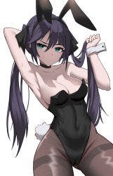 Rule 34 | 1girl, absurdres, alternate costume, animal ears, arm behind head, arm up, armpits, bare shoulders, black choker, black hair, black hairband, black leotard, black ribbon, breasts, brown pantyhose, cameltoe, chinese commentary, choker, cleavage, closed mouth, collarbone, commentary request, covered navel, cowboy shot, fake animal ears, fake tail, genshin impact, gluteal fold, green eyes, hair between eyes, hair ribbon, hairband, highres, holding, holding own hair, leotard, long hair, looking at viewer, medium breasts, mona (genshin impact), otakummm, pantyhose, playboy bunny, rabbit ears, rabbit tail, ribbon, simple background, solo, strapless, strapless leotard, sweatdrop, tail, thighband pantyhose, twintails, v-shaped eyebrows, white background, wrist cuffs