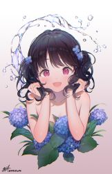 Rule 34 | 1girl, :d, black hair, blue flower, blush, breasts, brown background, commentary request, fangs, flower, fukumaru koito, gradient background, hair flower, hair ornament, hands up, holding, holding hair, hydrangea, idolmaster, idolmaster shiny colors, kuri choko, looking at viewer, nude, open mouth, purple eyes, signature, small breasts, smile, solo, twintails, twitter username, upper body, water, white background