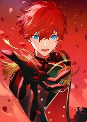 1boy aleo amagi_hiiro aqua_eyes black_gloves buttons clenched_hand commentary earrings english_commentary ensemble_stars! gloves high_collar highres jewelry long_sleeves looking_at_viewer lower_teeth_only male_focus microphone official_alternate_costume open_mouth outstretched_arm outstretched_hand red_hair short_hair solo teeth upper_body