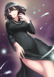 Rule 34 | 1girl, aqua eyes, arm at side, black dress, black hair, breasts, dress, dutch angle, female focus, from below, fubuki (one-punch man), glowing, jewelry, large breasts, long sleeves, looking at viewer, magic, meto31, necklace, one-punch man, parted lips, pearl necklace, short hair, side slit, smile, solo, taut clothes