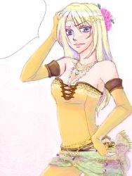 Rule 34 | 1990s (style), 1girl, bare shoulders, blonde hair, blue eyes, celes chere, detached sleeves, female focus, final fantasy, final fantasy vi, flower, gradient background, hair ornament, jewelry, long hair, lxc, necklace, pants, retro artstyle, solo, tiara, white background