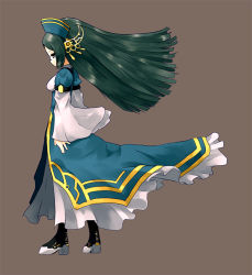 Rule 34 | 00s, 1girl, ar tonelico, ar tonelico ii, boots, dress, ekusutoy, female focus, full body, glasses, green hair, gust, hair ornament, hat, infel (ar tonelico), long hair, simple background, solo