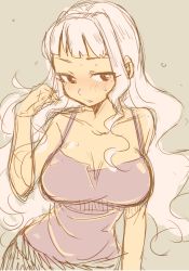 Rule 34 | 1girl, bad id, bad pixiv id, blush, breasts, brown eyes, camisole, cleavage, idolmaster, idolmaster (classic), large breasts, long hair, shijou takane, silver hair, sketch, solo, sweat, very long hair, warabeshi, wavy hair