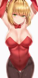 Rule 34 | 1girl, ahoge, alternate costume, animal ears, armpits, arms up, bad id, bad pixiv id, bare shoulders, black pantyhose, blonde hair, blush, bow, bow choker, breasts, choker, cleavage, collarbone, covered navel, cowboy shot, fake animal ears, fary5, fate/grand order, fate (series), groin, hair intakes, hairband, highres, large breasts, leotard, looking at viewer, nero claudius (fate), nero claudius (fate) (all), nero claudius (fate/extra), pantyhose, playboy bunny, rabbit ears, red bow, red choker, red eyes, red hairband, red leotard, shiny skin, short hair, simple background, solo, standing, strapless, strapless leotard, thigh gap, tsurime, white background