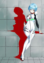 Rule 34 | arm support, ayanami rei, blue hair, bodysuit, breasts, commentary, concrete, godai 01, grey background, hair over eyes, hand on lap, head tilt, highres, interface headset, medium breasts, neon genesis evangelion, open mouth, pilot suit, plugsuit, red eyes, shadow, short hair, sitting, solo, thigh gap, white bodysuit