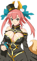 Rule 34 | 10s, 1girl, animal ears, bare shoulders, bow, breasts, cleavage, detached sleeves, fate/extra, fate/extra ccc, fate (series), fox ears, fox tail, hair bow, hair ribbon, hat, highres, japanese clothes, large breasts, m-eiji, mini hat, mini top hat, official alternate costume, pink hair, ribbon, solo, tail, tamamo no mae (fate/extra), tamamo no mae (sable mage) (fate), thighhighs, top hat, twintails, yellow eyes