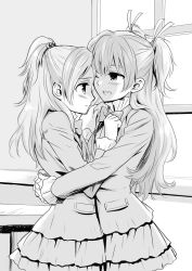 Rule 34 | 10s, 2girls, :d, blush, couple, greyscale, half updo, hand on another&#039;s chest, hand on shoulder, happy, houjou hibiki, hug, long hair, minamino kanade, monochrome, multiple girls, ooshima tomo, open mouth, precure, school uniform, smile, suite precure, two side up, window, wink, yuri