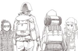 Rule 34 | 1boy, 3girls, backpack, bag, beanie, brown theme, cabbie hat, character request, closed mouth, coat, fang, glasses, hair ornament, hair scrunchie, hat, helmet, hood, hood up, horikou, inuyama aoi, military, military uniform, monochrome, multiple girls, oogaki chiaki, scarf, scrunchie, sidelocks, simple background, skin fang, soviet, soviet army, uniform, white background, winter clothes, yurucamp