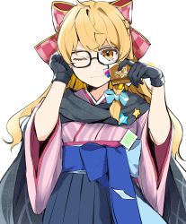 Rule 34 | 1girl, ;), alternate costume, artist name, black gloves, blonde hair, bow, braid, commentary request, cowboy shot, glasses, gloves, hair bow, hair ribbon, hakama, hakama skirt, half updo, highres, japanese clothes, jill 07km, kirisame marisa, long hair, looking at viewer, one eye closed, ribbon, simple background, single braid, skirt, smile, solo, touhou, touhou lostword, white background, wide sleeves, yellow eyes