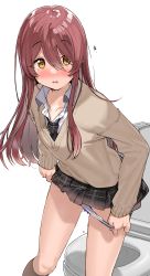 Rule 34 | 1girl, blush, breasts, brown hair, cardigan, highres, idolmaster, idolmaster shiny colors, kanzarin, long hair, long sleeves, looking at viewer, open mouth, osaki tenka, plaid, plaid skirt, pleated skirt, school uniform, simple background, skirt, small breasts, swept bangs, toilet, white background, yellow eyes