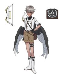 Rule 34 | 1boy, bag, black gloves, black wings, boots, bow (weapon), brown eyes, doodle, feathered wings, fingerless gloves, full body, gloves, hair between eyes, handbag, male focus, original, pil tor, short sleeves, shorts, silver hair, simple background, solo, standing, thigh strap, weapon, white footwear, wings
