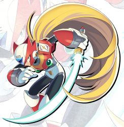 Rule 34 | 1boy, android, blonde hair, capcom, energy sword, green eyes, helmet, highres, holding, holding sword, holding weapon, iroyopon, long hair, male focus, mega man (series), mega man x (series), solo, sword, very long hair, weapon, white background, zero (mega man), zoom layer