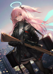 Rule 34 | 1girl, absurdres, ambriel (arknights), arknights, black choker, black gloves, black jacket, black thighhighs, bolt action, case, choker, cityscape, day, dutch angle, food, gloves, grey shirt, gun, hair ornament, hairclip, halo, highres, holding, holding gun, holding weapon, jacket, lee-enfield, long hair, long sleeves, looking away, miniskirt, mouth hold, one side up, open clothes, open jacket, outdoors, pink hair, pocky, purple eyes, rifle, rooftop, scope, shirataki jiro, shirt, skirt, sniper rifle, solo, standing, strap, thighhighs, weapon, wings, zettai ryouiki