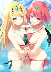 Rule 34 | 2girls, arm around back, ass, bare shoulders, beach, bikini, blonde hair, blue sky, blush, breast press, breasts, brown eyes, cleavage, cloud, commentary, day, earrings, embarrassed, eyes visible through hair, gem, groin, hair ornament, hand on another&#039;s shoulder, headband, headpiece, highres, holding hands, igayan, interlocked fingers, jewelry, large breasts, long hair, looking at viewer, lowleg, lowleg bikini, multiple girls, mythra (xenoblade), nintendo, open mouth, outdoors, partially submerged, pink hair, pyra (xenoblade), red eyes, red hair, short hair, side-tie bikini bottom, sidelocks, skindentation, sky, smile, swept bangs, swimsuit, symmetrical docking, tareme, thigh strap, thighs, tiara, tsurime, very long hair, wading, water drop, xenoblade chronicles (series), xenoblade chronicles 2, yellow eyes