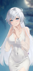 1girl absurdres blue_eyes breasts cleavage detached_sleeves dress highres honkai_(series) honkai_impact_3rd ilmm kiana_kaslana large_breasts long_hair looking_at_viewer smile solo white_dress white_hair