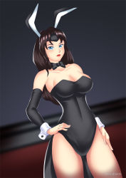 Rule 34 | 1girl, alternate costume, animal ears, arm warmers, artist name, bare shoulders, black hair, black leotard, blue eyes, blush, bow, bowtie, breasts, cleavage, collarbone, dc comics, detached collar, fake animal ears, hand on own hip, hand on own leg, haryudanto, indoors, large breasts, leotard, lips, long hair, looking at viewer, playboy bunny, rabbit ears, smile, solo, standing, strapless, strapless leotard, tailcoat, tiara, wonder woman, wonder woman (series), wrist cuffs