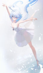 Rule 34 | 1girl, :o, absurdres, ahoge, ballet, bare shoulders, blue eyes, blue hair, breasts, cleavage, commentary request, dress, furina (genshin impact), genshin impact, hair between eyes, highres, long hair, looking at viewer, medium breasts, multicolored hair, outstretched arms, pistachiocream, shoes, solo, standing, standing on one leg, two-tone hair, white dress, white footwear, white hair