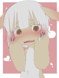 Rule 34 | 1other, blush, body fur, border, brown fur, colored eyelashes, dwain (hwcimkw8eppyhvo), ears down, embarrassed, flustered, furry, green eyes, hands on own face, heart, highres, horizontal pupils, looking at viewer, made in abyss, nanachi (made in abyss), navel, open mouth, other focus, outside border, pink background, rabbit ears, solo, white border, white hair