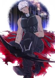Rule 34 | adapted costume, archer (fate), archer alter (fate), bow (weapon), corruption, dark-skinned male, dark skin, fate/grand order, fate/grand order: first order, fate (series), fingerless gloves, gloves, hair down, half-closed eyes, high heels, highres, male focus, muscular, muscular male, namahamu (hmhm 81), sitting, solo, weapon, white hair, yellow eyes
