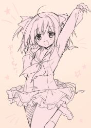Rule 34 | 1girl, :d, ahoge, arm up, beige background, blush, frilled skirt, frills, hair between eyes, hair ribbon, head tilt, long hair, long sleeves, looking at viewer, monochrome, neckerchief, open mouth, original, purinpurin, ribbon, school uniform, sepia, serafuku, shoes, simple background, skirt, smile, socks, solo, standing, standing on one leg, star (symbol), translated