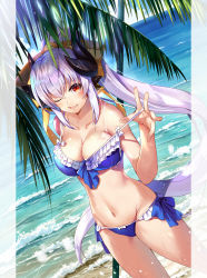 Rule 34 | 1girl, bare shoulders, beach, bikini, blue bikini, blue sky, blush, bow, breasts, cleavage, collarbone, dragon girl, dragon horns, fate/grand order, fate (series), frilled bikini, frills, hair ornament, highres, horns, kiyohime (fate), kiyohime (fate/grand order), kiyohime (swimsuit lancer) (fate), kiyohime (swimsuit lancer) (third ascension) (fate), large breasts, long hair, looking at viewer, multiple horns, naginata, navel, ocean, one eye closed, open mouth, palm tree, polearm, ponytail, red eyes, renka (renkas), sidelocks, silver hair, sky, smile, strap pull, swimsuit, thighs, tree, weapon, wet, yellow bow