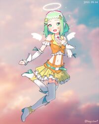Rule 34 | 1girl, absurdres, aegissanp, angel wings, aqua belt, aqua ribbon, bare shoulders, belt buckle, blue sky, boots, breasts, buckle, buttons, carrot hair ornament, cleavage, cloud, collar, collared shirt, commentary, crop top, dated, detached collar, detached sleeves, detached wings, english commentary, eyelashes, flower, flying, food-themed hair ornament, frilled shirt, frilled skirt, frilled sleeves, frills, full body, goggles, goggles on head, green eyes, green hair, gumi, hair flower, hair ornament, hairclip, halo, hand on own chest, high heel boots, high heels, highres, lapels, light blush, light particles, long sleeves, looking at viewer, marking on cheek, midriff, mini wings, miniskirt, navel, notched lapels, open mouth, orange shirt, outdoors, pink-tinted eyewear, pleated skirt, ribbed legwear, ribbed skirt, ribbon, shirt, short hair, short sleeves, skirt, sky, sleeve ribbon, small breasts, smile, solo, star on cheek, sunset, thigh boots, tinted eyewear, twitter username, vocaloid, white-framed eyewear, white collar, white footwear, white halo, white headphones, white sleeves, white wings, white wrist cuffs, wings, wrist cuffs, yellow collar, yellow flower, yellow skirt