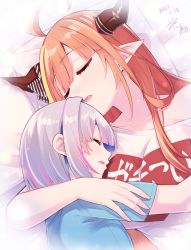 Rule 34 | 2girls, ahoge, amane kanata, blonde hair, blue hair, blue shirt, blush, bow, breasts, check commentary, closed eyes, clothes writing, commentary request, dated, dragon horns, fang, highres, hikawa shou, hololive, horn bow, horn ornament, horns, hug, kiryu coco, large breasts, multicolored hair, multiple girls, orange hair, parted lips, pointy ears, purple hair, revision, shirt, short sleeves, signature, simple background, sleeping, streaked hair, striped, striped bow, virtual youtuber, white shirt