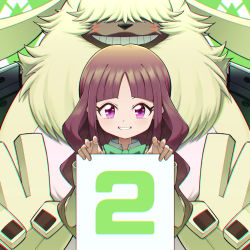 Rule 34 | 1boy, 1girl, angoramon, bbb (fabio8552), brown hair, countdown, digimon, digimon (creature), digimon ghost game, fur, grin, happy, highres, long hair, looking at viewer, open mouth, purple eyes, school uniform, simple background, size difference, smile, tsukiyono ruli, v