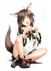 Rule 34 | 1girl, animal ears, bare shoulders, brooch, brown hair, check commentary, collarbone, commentary request, covered navel, closed eyes, fang, fingernails, gorilla (bun0615), highres, howling at the moon, imaizumi kagerou, indian style, jewelry, long sleeves, nail polish, off shoulder, open mouth, paw pose, sharp fingernails, shirt, sitting, skirt, solo, tail, touhou, wide sleeves, wolf ears, wolf tail