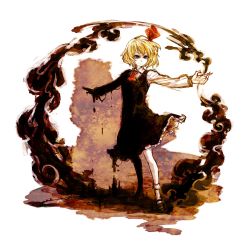Rule 34 | 1girl, bad id, bad pixiv id, blonde hair, darkness, female focus, hair ribbon, highres, hima (mizu ni tsuyoi), outstretched arms, red eyes, ribbon, rumia, short hair, smile, solo, spread arms, touhou