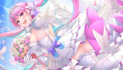 Rule 34 | 1girl, absurdres, ahoge, bird, blue hair, blunt bangs, blush, bouquet, bow, colored inner hair, day, dress, earrings, floating hair, flower, frilled thighhighs, frills, gloves, highres, holding, holding bouquet, hololive, jewelry, keikei (kitty colors), looking at viewer, minato aqua, minato aqua (aqua iro super dream), multicolored hair, official alternate costume, open mouth, outdoors, outstretched arm, petals, pink hair, purple bow, purple eyes, reaching, reaching towards viewer, smile, solo, strapless, strapless dress, streaked hair, teeth, thighhighs, tiara, twintails, two-tone hair, upper teeth only, virtual youtuber, white dress, white gloves, white thighhighs