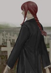 Rule 34 | 1girl, black coat, braid, braided ponytail, chainsaw man, coat, collared shirt, fog, graveyard, highres, kamo (kamonegioisi), long hair, looking to the side, makima (chainsaw man), open mouth, outdoors, red hair, shirt, sidelocks, solo, standing, tombstone, white shirt, yellow eyes
