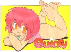 Rule 34 | 1girl, ass, bare shoulders, barefoot, blush, bracelet, chibi, colorized, eyebrows, feet, full body, jewelry, legs up, leotard, looking at viewer, lying, on stomach, orange eyes, outside border, oyatsu (mk2), pink hair, quinty, quinty (character), short hair, smile, soles, solo, swimsuit, toes, yellow background