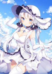 Rule 34 | 1girl, azur lane, blue eyes, breasts, day, dress, elbow gloves, gloves, hat, highres, illustrious (azur lane), large breasts, looking at viewer, low twintails, mole, mole under eye, shiino sera, sky, twintails, white dress, white gloves, white hair